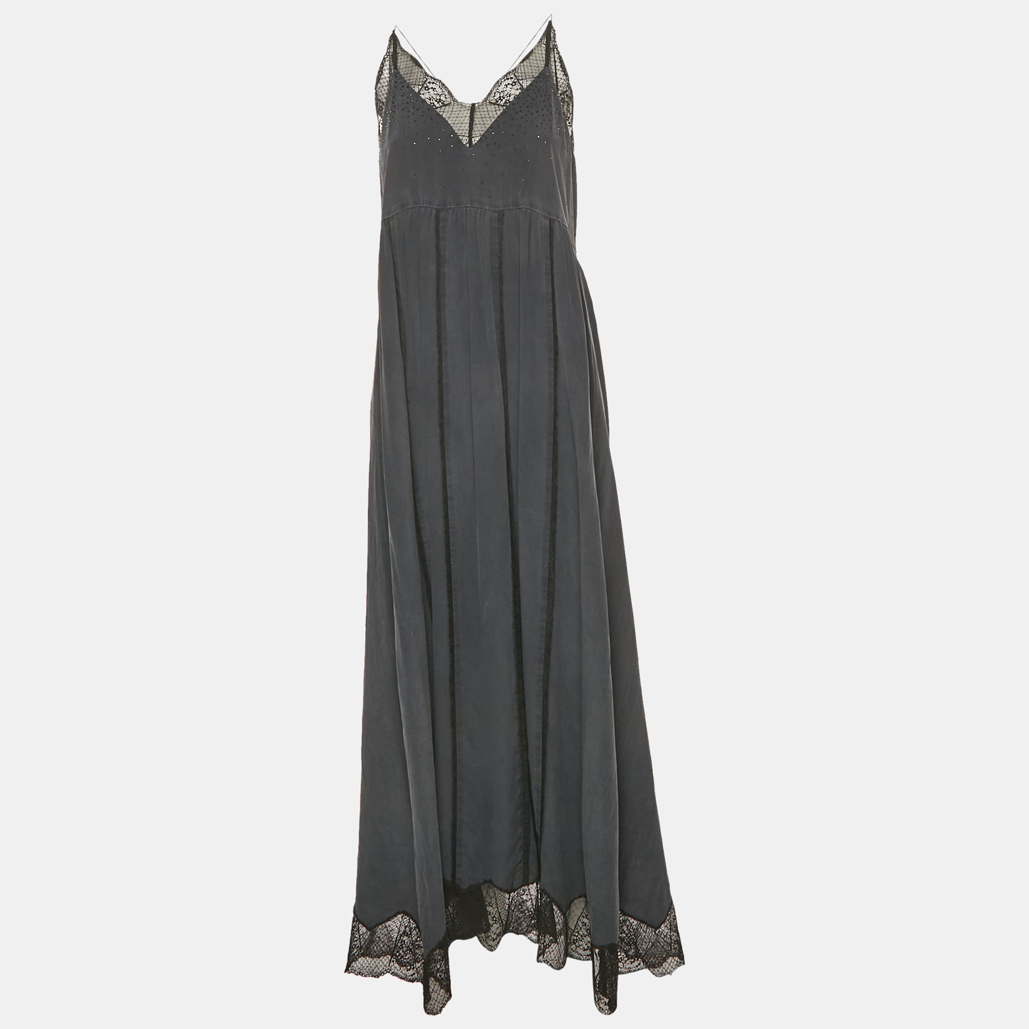 zadig & voltaire grey lace trim silk maxi ralla dress l