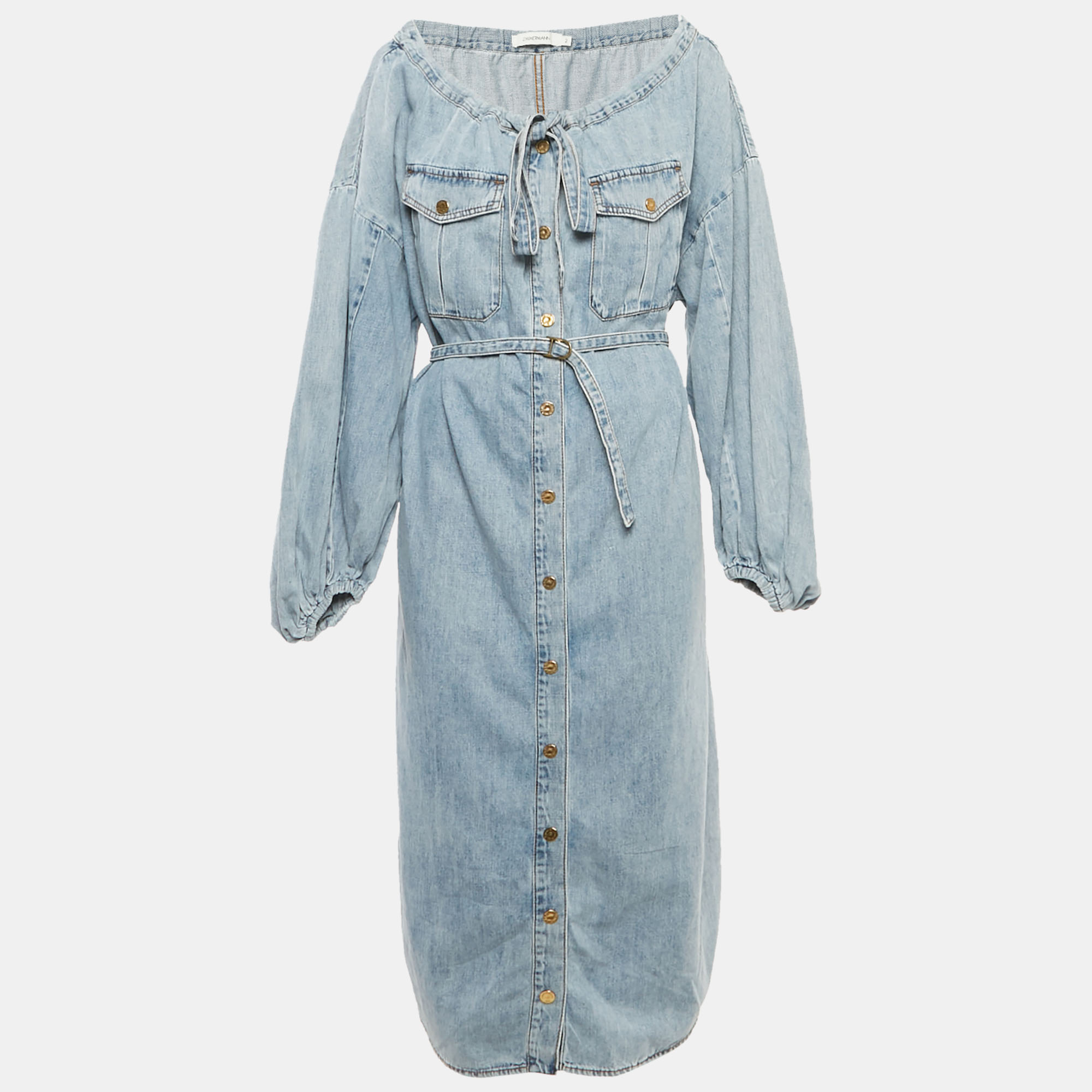 zimmermann light blue washed denim off shoulder belted midi dress m