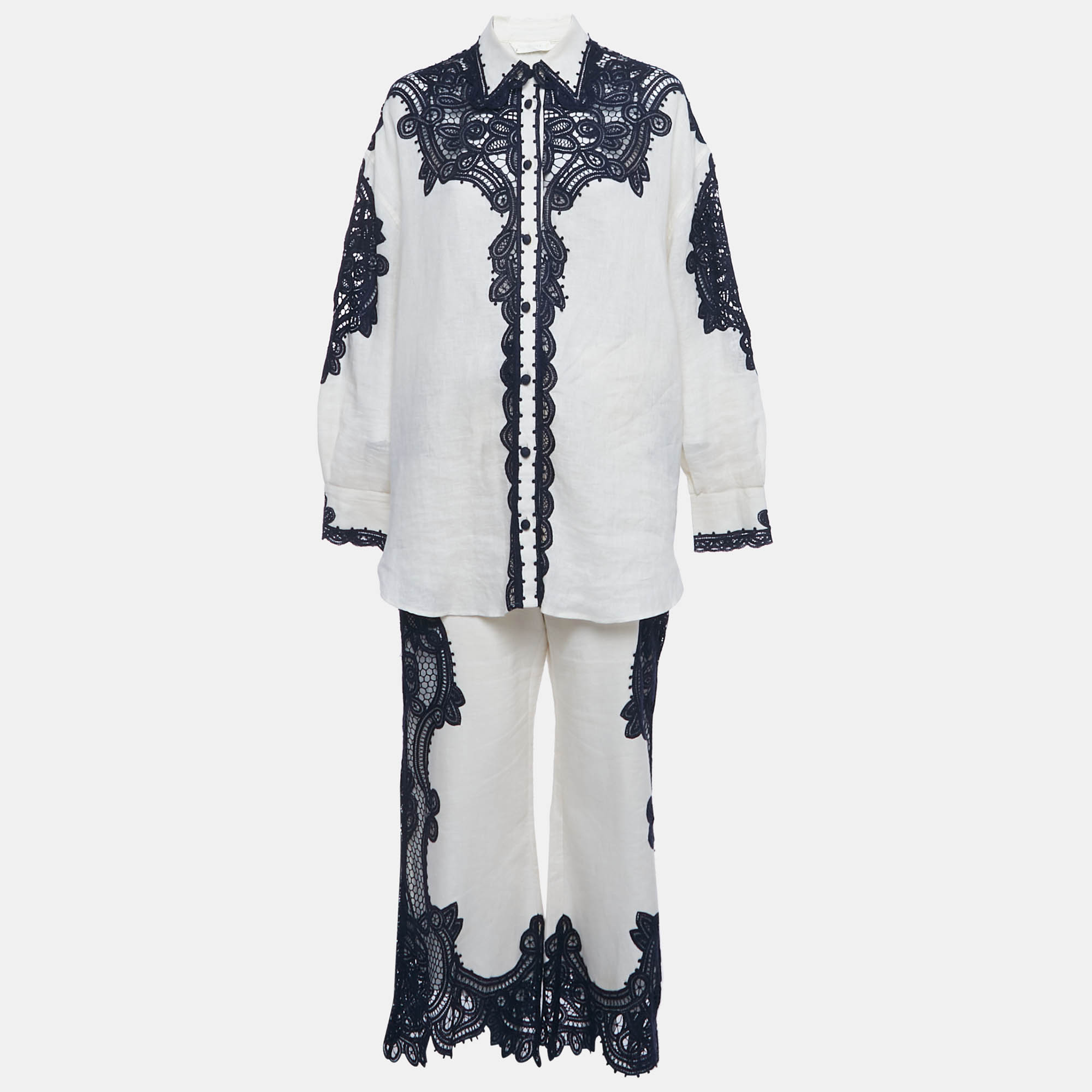 zimmermann beige crocheted lace and linen shirt & pants set m