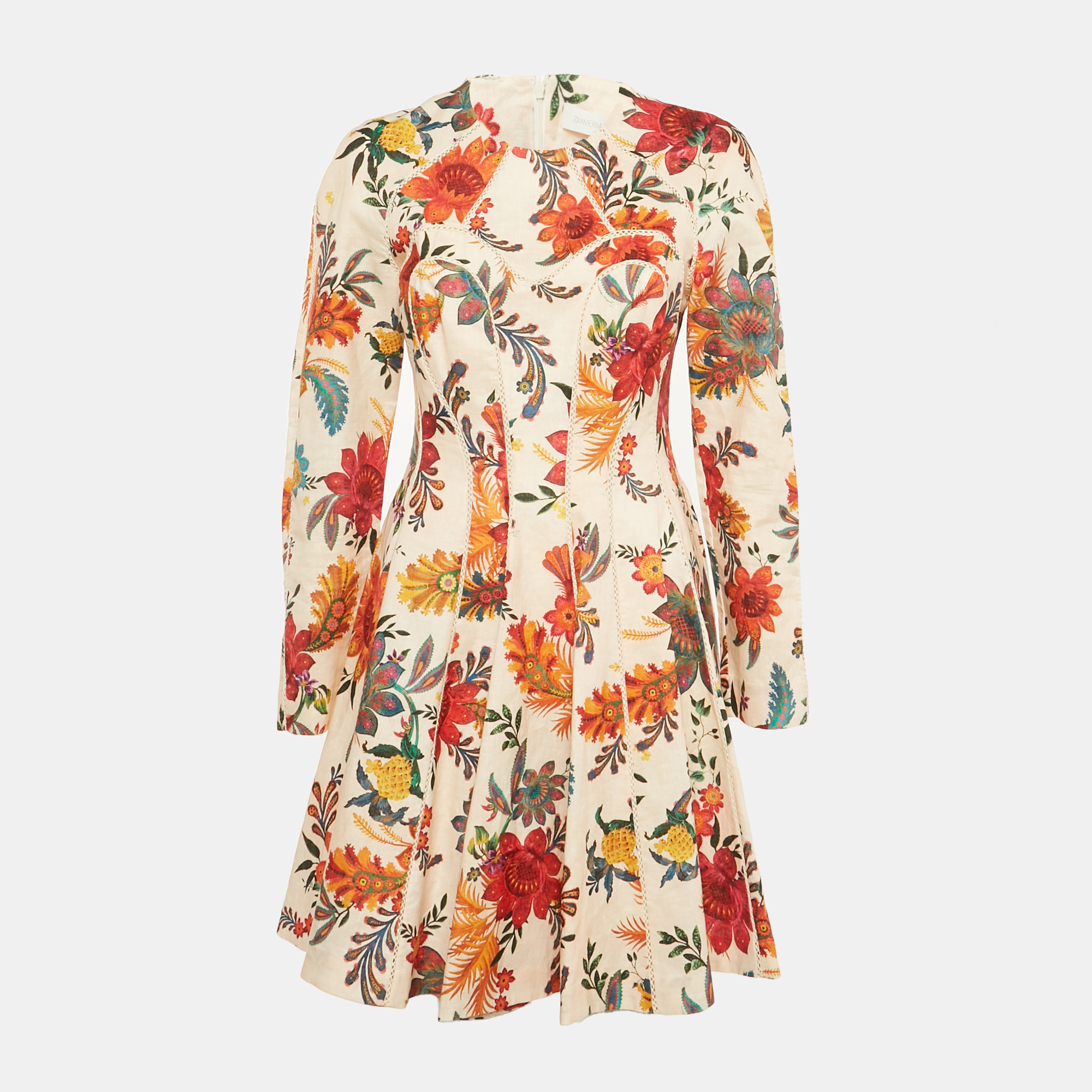 zimmermann orange floral print linen flared mini dress m