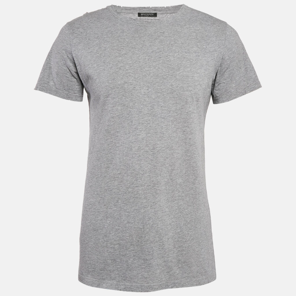 luxury-men-balmain-used-clothes-p1091640-001.jpg Balmain Grey Cotton Crew Neck Distressed T-Shirt M