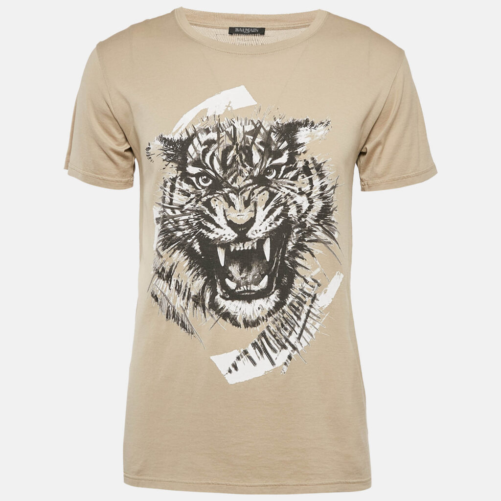 luxury-men-balmain-used-clothes-p1091660-001.jpg Balmain Beige Tiger Print Cotton Round Neck T-Shirt M
