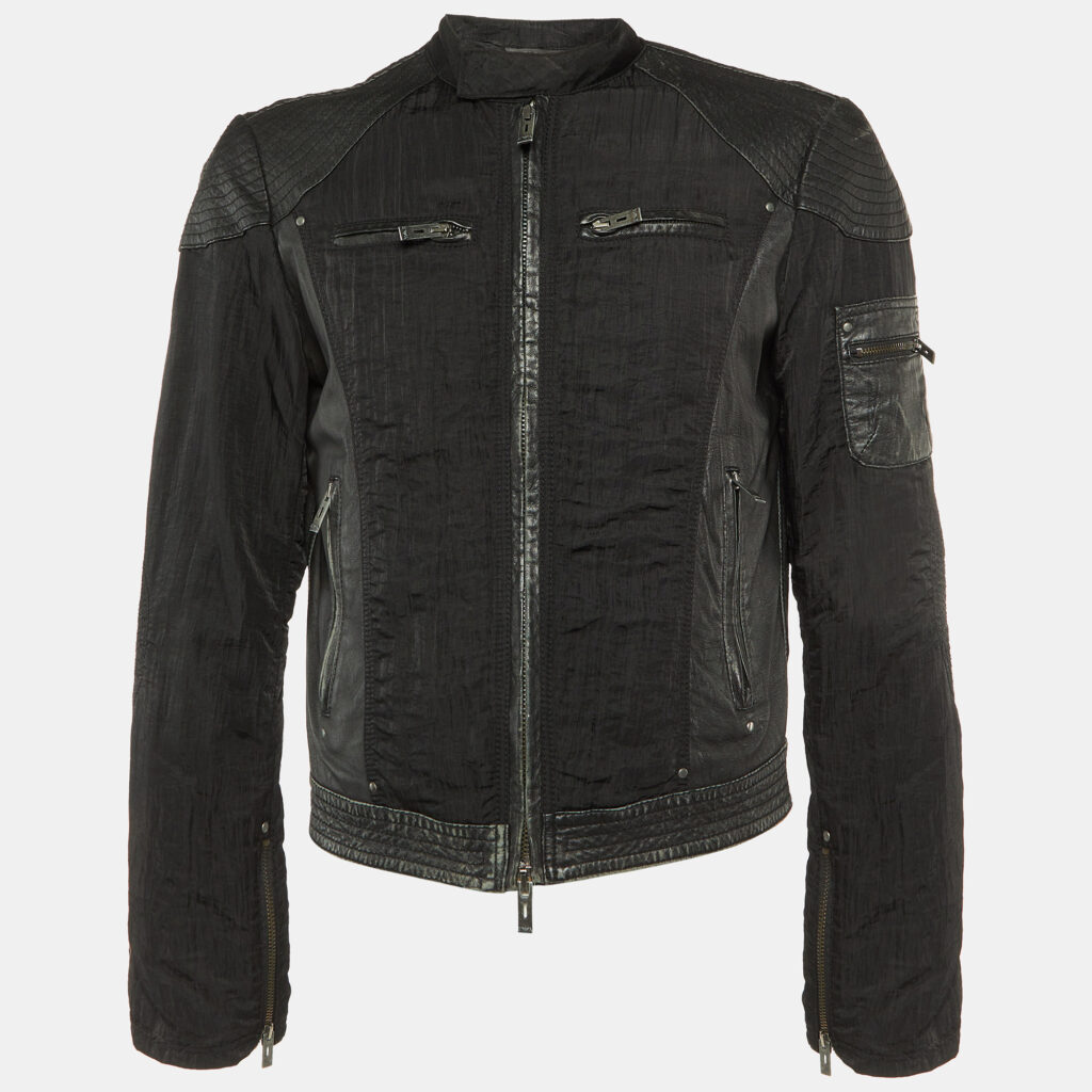 Emporio Armani Misura Black Leather & Nylon Paneled Biker Jacket M