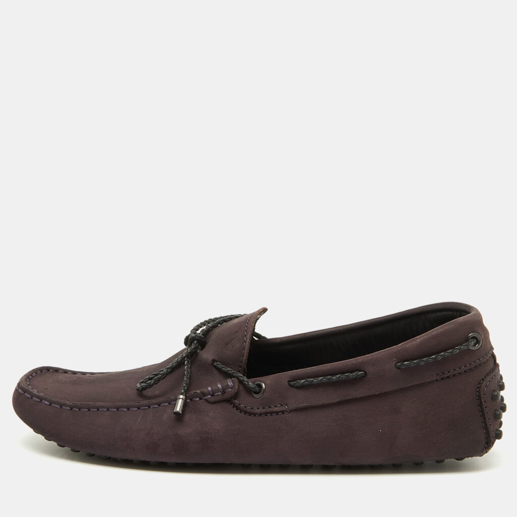 luxury-men-tods-used-shoes-p1091758-003.jpg Tod's Dark Purple Nubuck Leather Slip On Driver Loafers Size 39.5