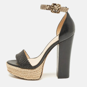 alexandre birman black/beige leather and python leather ankle strap sandals size 36
