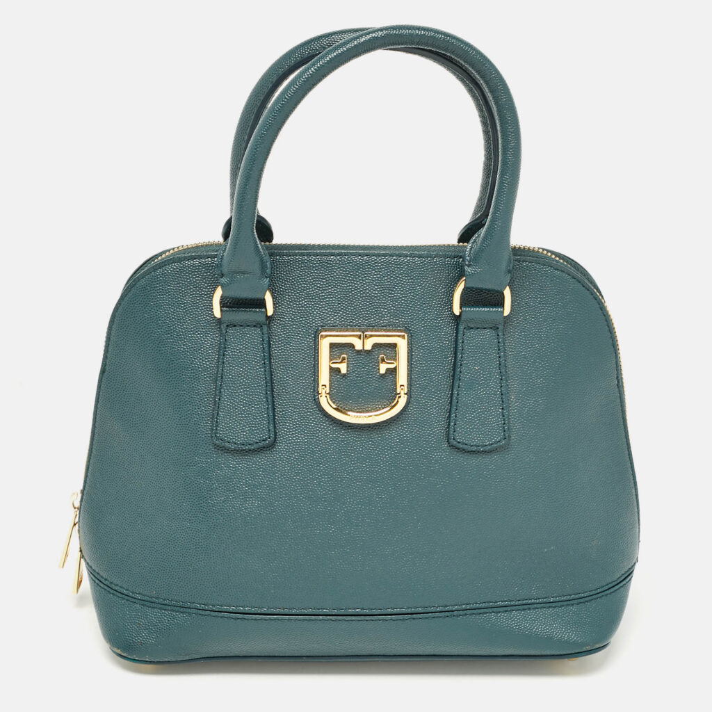 luxury-women-furla-used-handbags-p1091588-015.jpg Furla Dark Green Leather Dome Logo Satchel