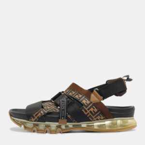 fendi brown/black canvas and elastic flat sandals size 43