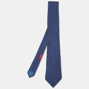 hermes blue logo printed silk tie