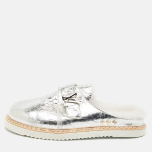 louis vuitton metallic silver leather lv easy flat mules size 45