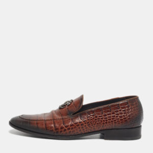 roberto cavalli brown croc embossed leather slip on loafers size 43