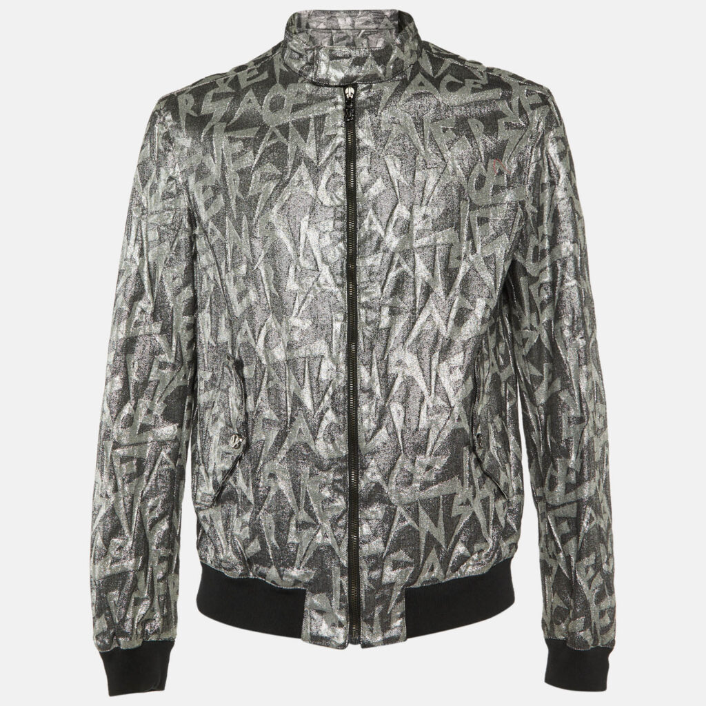 Versace Jeans Silver Metallic Jacquard Bomber Jacket L