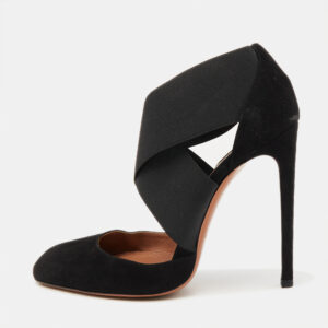 alaia black suede and stretch fabric cross strap pumps size 38.5