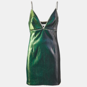 area  metallic green lam&eacute; crystal embellished strappy mini dress l