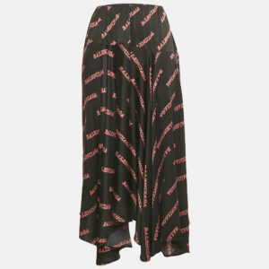 balenciaga black logo print satin silk asymmetric midi skirt m
