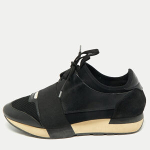 balenciaga black leather and mesh race runner sneakers size 38