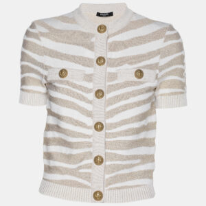 balmain metallic beige zebra detail stretch knit cardigan s