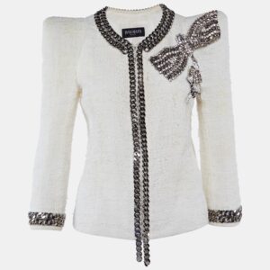 balmain ivory tweed chain & bow embellished jacket l