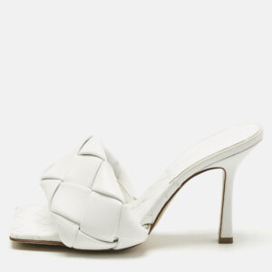 bottega veneta white leather intrecciato lido slide sandals size 37.5