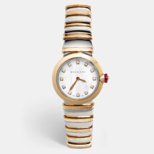 bvlgari mother of pearl diamond 18k rose gold stainless steel lvcea 102194 women's wristwatch 28 mm