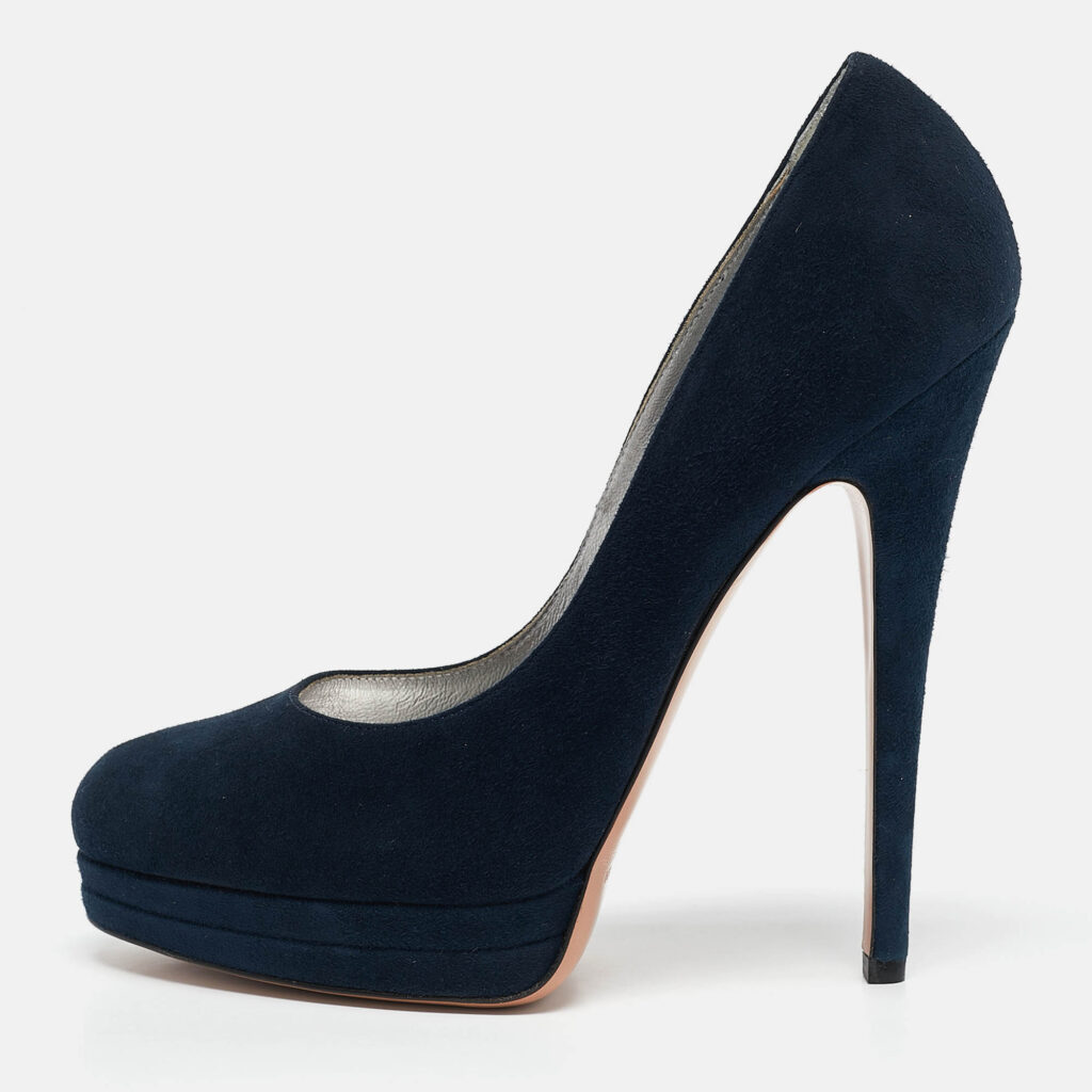 luxury-women-casadei-used-shoes-p1090118-010.jpg Casadei Navy Blue Suede Platform Pumps Size 38