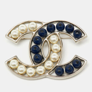 chanel cc faux pearl blue bead pin brooch