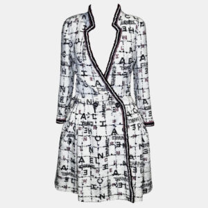 chanel white/black logo 20s tweed dress xs