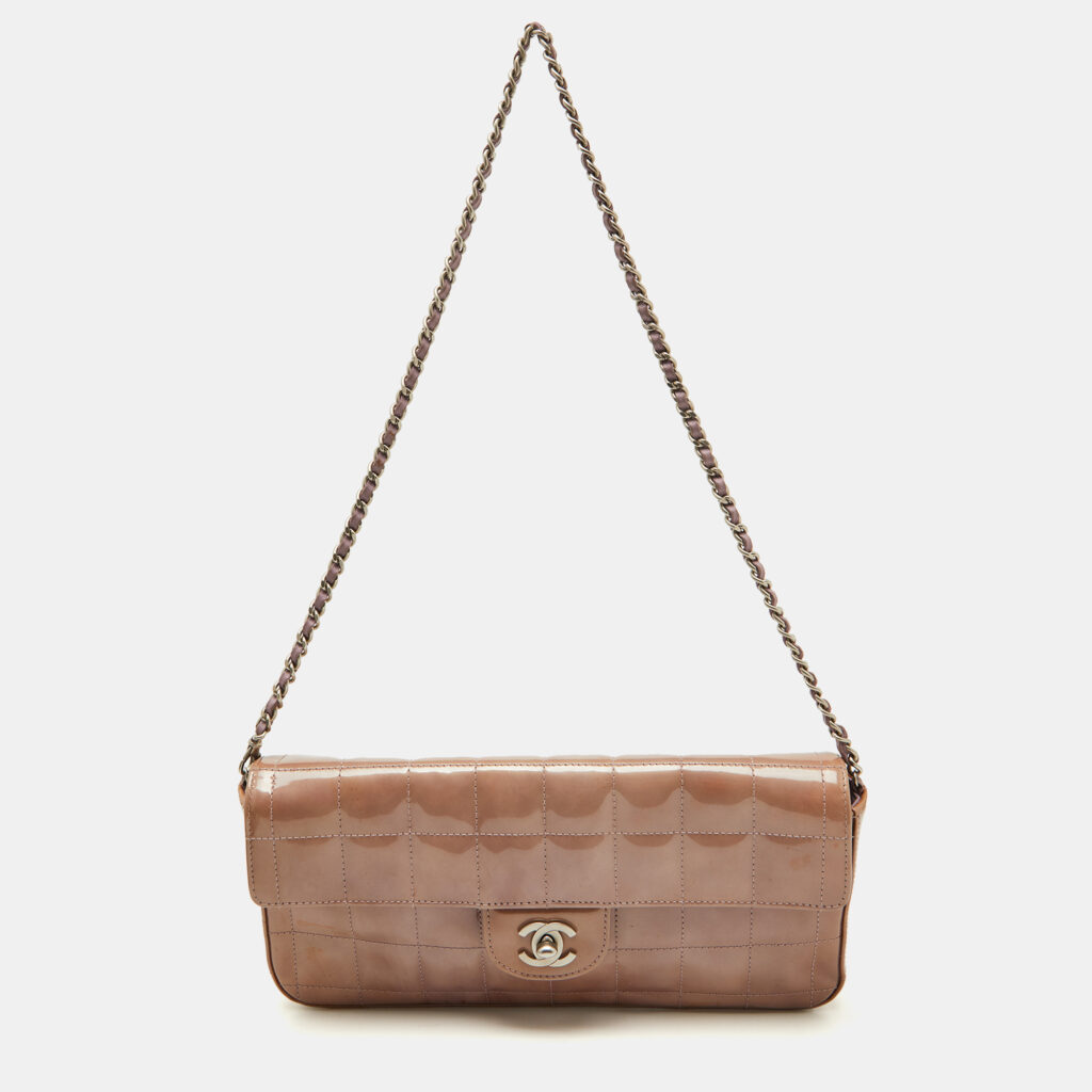 Chanel Dusty Pink Quilted Patent Leather Chocolate Bar CC East West Flap Bag