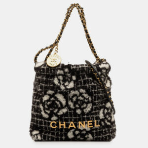 chanel black cotton camellia logo gold chain tote shoulder bag