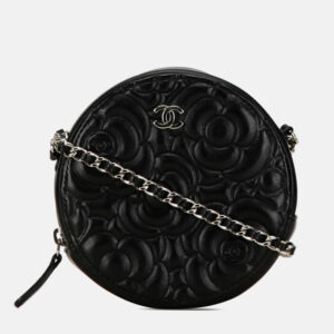 chanel black leather camellia round mini chain shoulder bag
