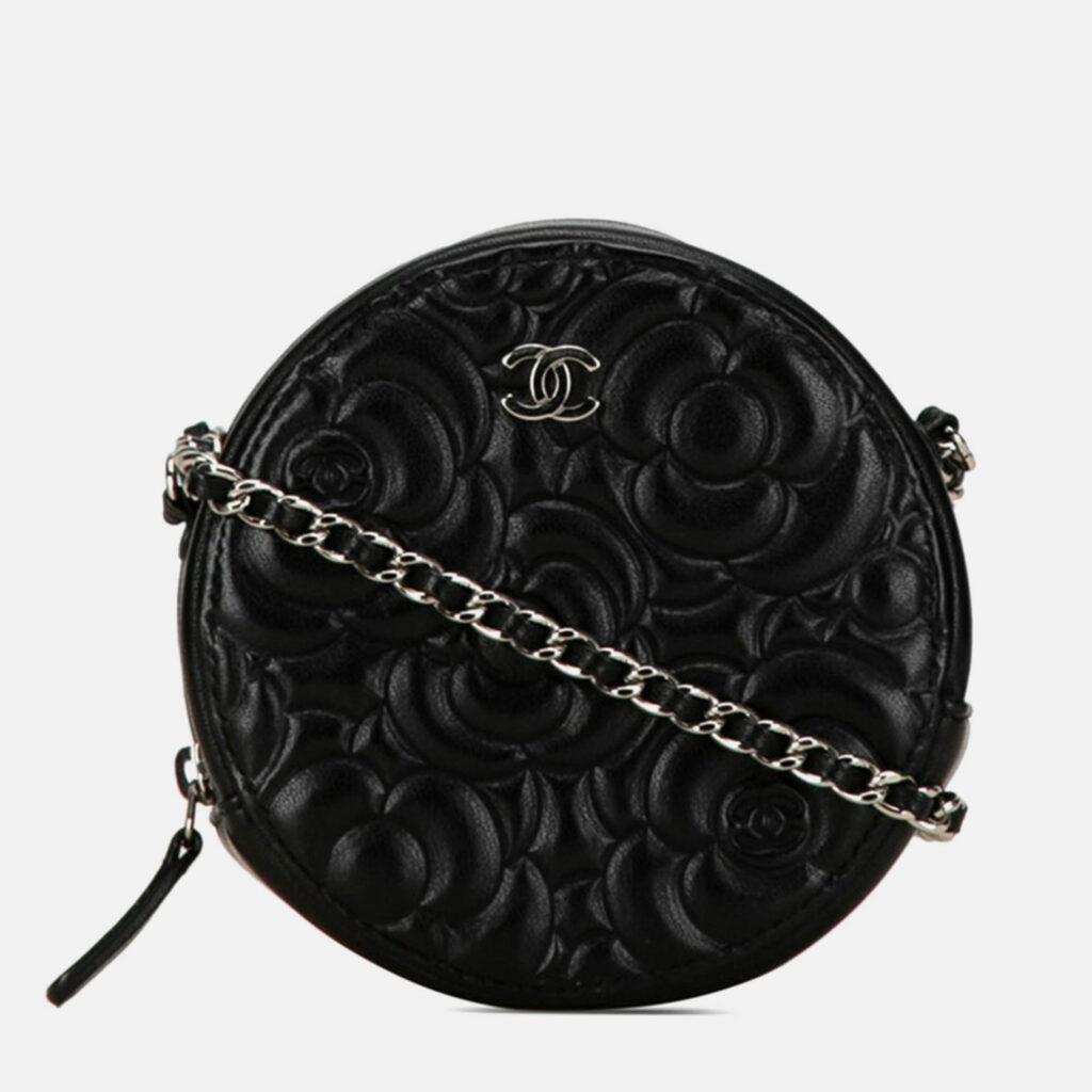 Chanel Black Leather Camellia Round Mini Chain Shoulder Bag