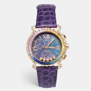 chopard black mother of pearl rainbow baguette sapphires diamond 18k rose gold alligator happy sport 283582-5017 women's wristwatch 42 mm