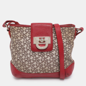 dkny beige/red canvas and leather crossbody bag