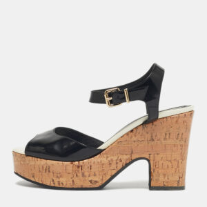 fendi black patent leather cork wedge sandals size 38.5