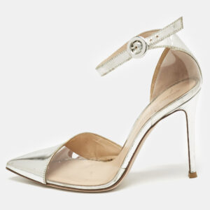 gianvito rossi silver leather and pvc anise pointed toe ankle strap pumps size 38