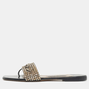 gina black leather crystal embellished leather flat slides size 37.5