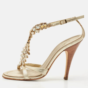 giuseppe zanotti light gold leather crystals embellished ankle strap sandals size 36.5