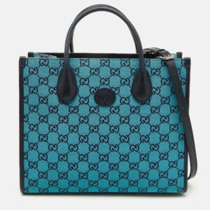 gucci blue/navy blue gg canvas and leather small structured tote