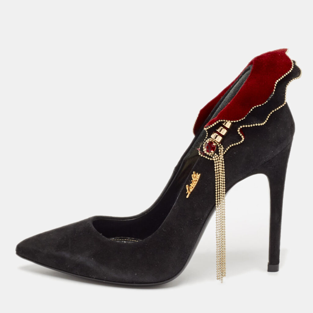 luxury-women-loriblu-used-shoes-p1090918-002.jpg Loriblu Black/Burgundy Suede Embellished Peep Toe Pumps Size 35
