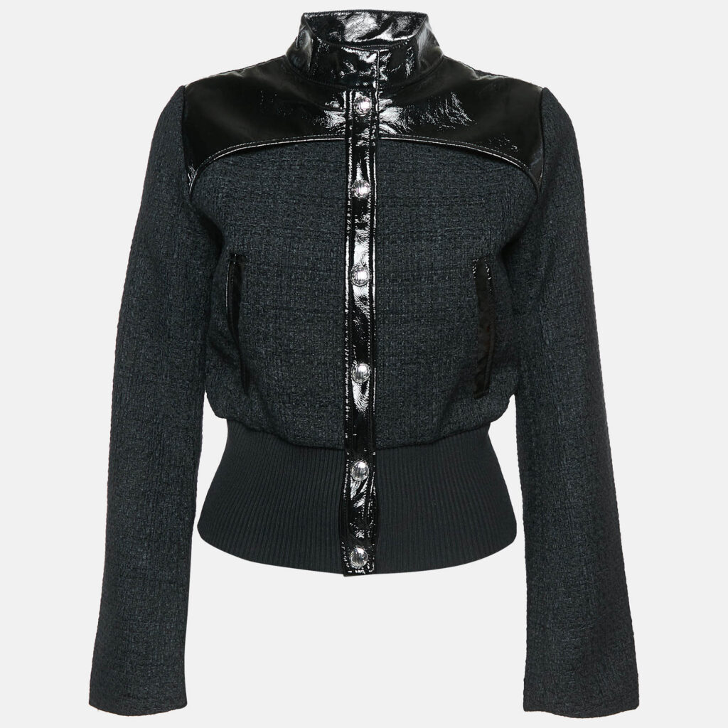 Maje Black Tweed Button Front Contrast Trimmed Jacket XS