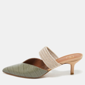 malone souliers army green croc embossed leather maisie mules size 37