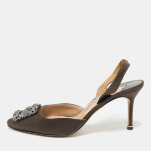 manolo blahnik dark green satin hangisli slingback pumps size 40