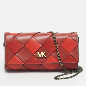 michael kors red woven leather mott east west chain clutch