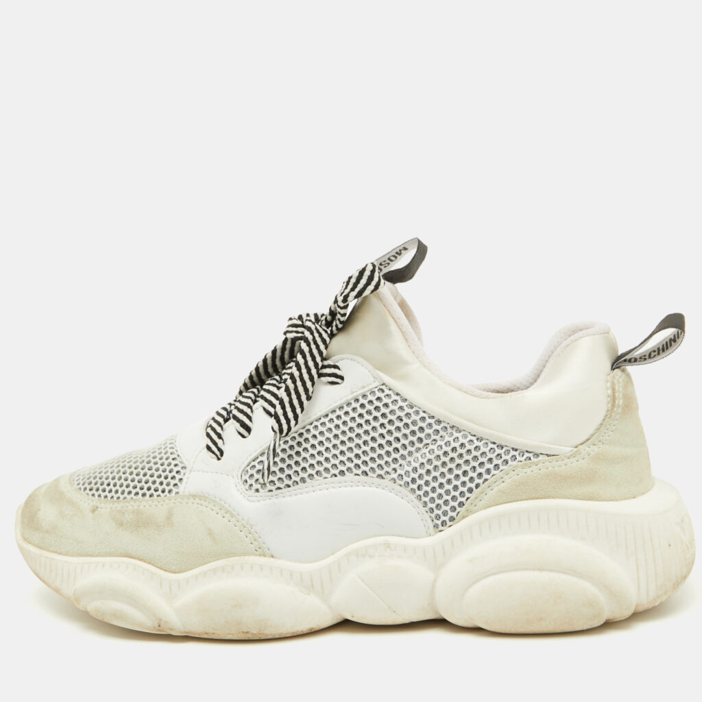luxury-women-moschino-used-shoes-p1090170-001.jpg Moschino White Leather and Mesh Teddy Run Low Top Sneakers Size 37