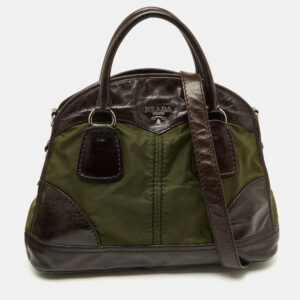 prada olive green/dark brown nylon and leather bauletto bowler bag