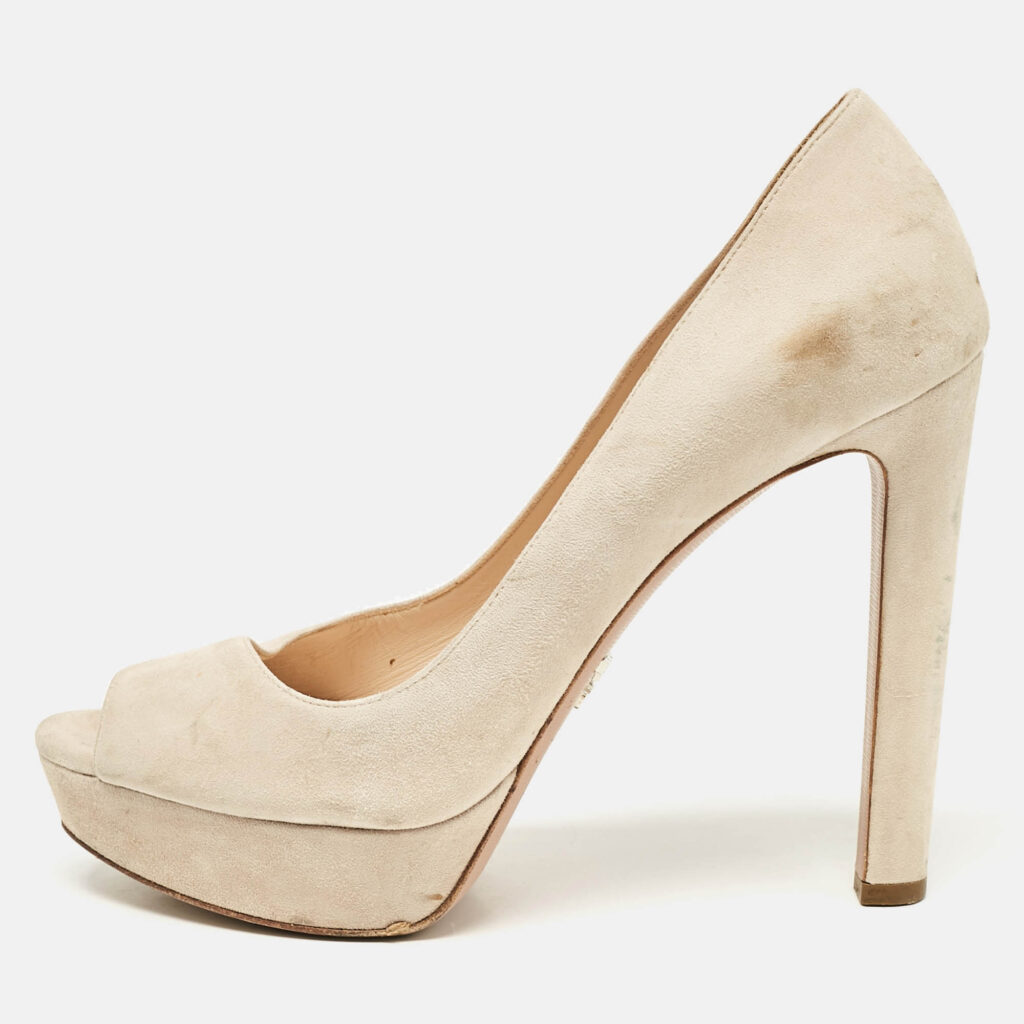 luxury-women-prada-used-shoes-p1090914-010.jpg Prada Beige Suede Peep Toe Platform Pumps Size 39.5