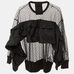 red valentino black pointelle tulle & taffeta ruffled top xs