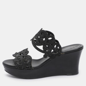 ren&eacute; caovilla black rhinestone embellished suede wedge sandal size 37