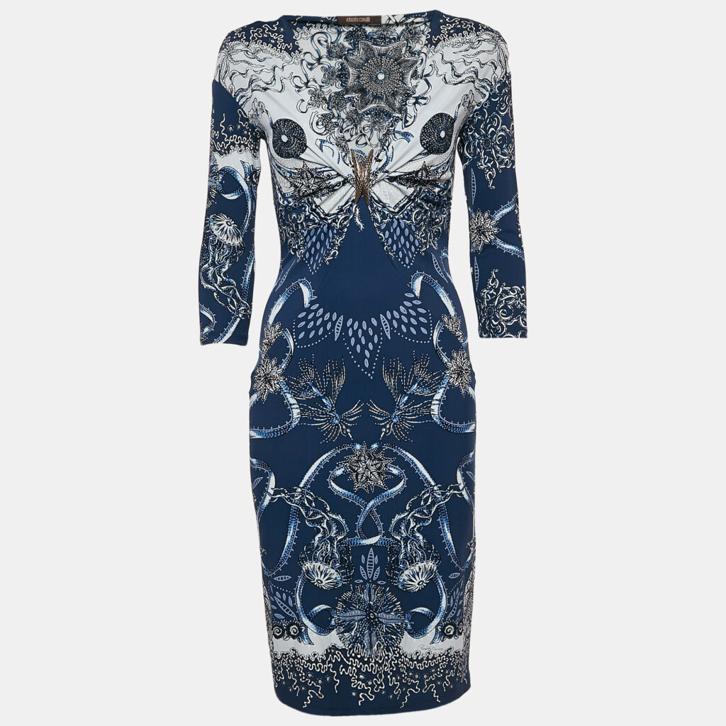 luxury-women-roberto-cavalli-used-clothes-p1091344-003.jpg Roberto Cavalli Blue Printed Jersey Brooch Detail Midi Dress M
