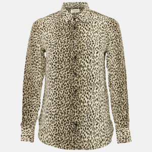 saint laurent beige leopard print silk long sleeve shirt s