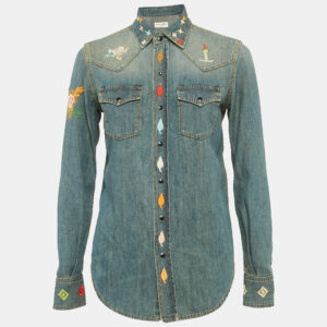 saint laurent blue embroidered denim button front blouse s